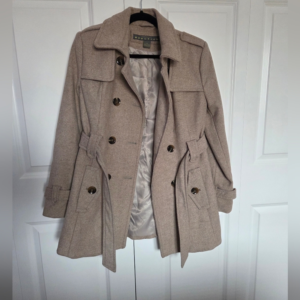NWOT Kenneth Cole Beige Wool-Blend Double-Breasted Pea Coat